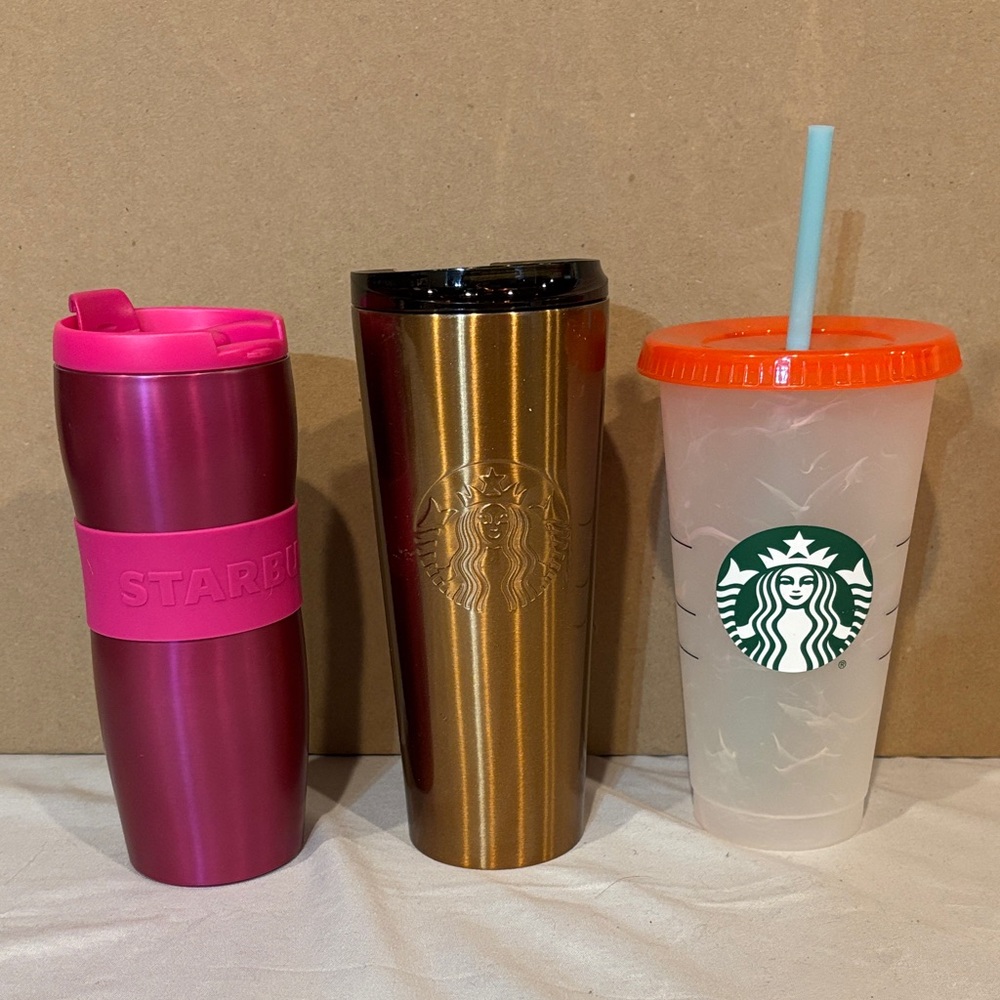 Starbucks Trio: Pink, Gold, and Clear Tumblers